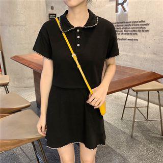 Set: Crochet Trim Short-sleeve Top + A-line Skirt