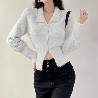 Long Sleeve V-neck Collar Furry Crop Cardigan