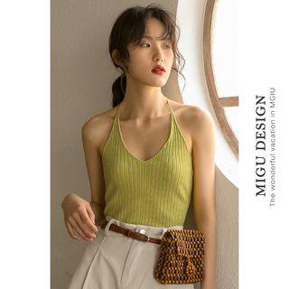 Halter-neck Open Back Ribbed Knit Top