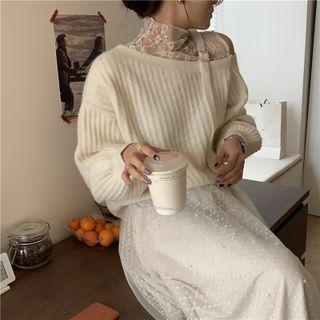 Lantern-sleeve Lace Panel Sweater