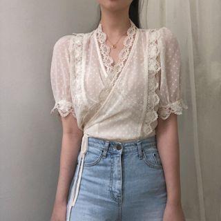 Lace Wrap-front Short-sleeve Blouse