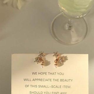 Rhinestone Star Bead Drop Earrings 1 Pair - 925 Silver - Gold & White - One Size