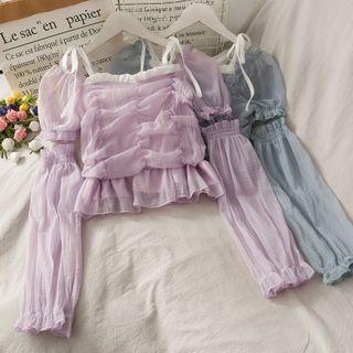 Detachable-sleeve Ruched Chiffon Crop Top