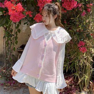 Bell-sleeve Blouse / Button Knit Vest