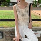Perforated Sleeveless Knit Top / Plain Loose-fit Pants