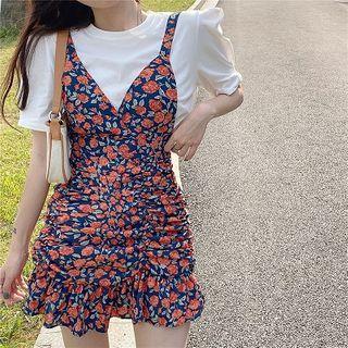 Plain Elbow-sleeve T-shirt / Floral Sleeveless Dress