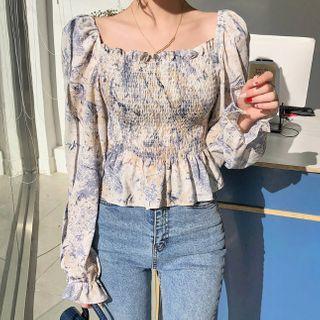 Long-sleeve Printed Smocked Blouse
