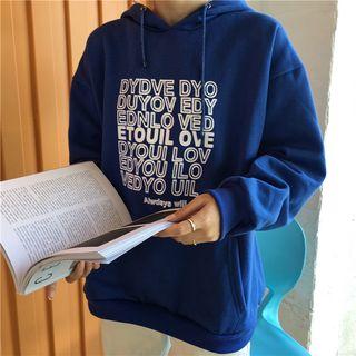 Lettering Drawstring Hoodie Blue - One Size