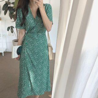 Short-sleeve Floral A-line Midi Wrap Dress