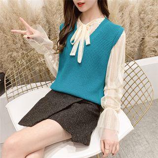 Set: Long-sleeve Chiffon Blouse + Knitted Vest