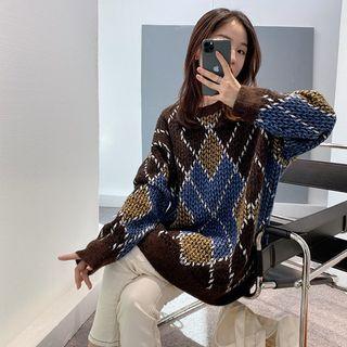 Argyle Print Sweater Argyle - Blue & Brown - One Size