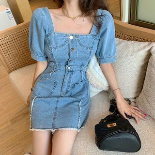Square-neck Short-sleeve Denim Dress
