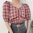 Short-sleeve Ruched Checked Blouse