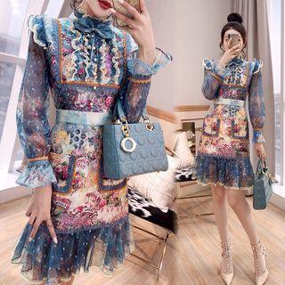 Long-sleeve Printed Mesh Dress