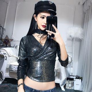 Long-sleeve V-neck Sequined Cropped Top