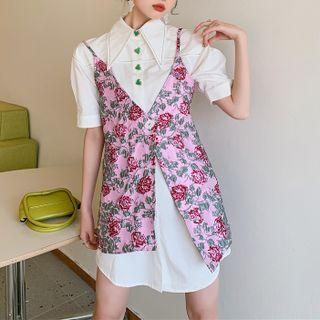 Elbow-sleeve Shirt / Floral Camisole Top