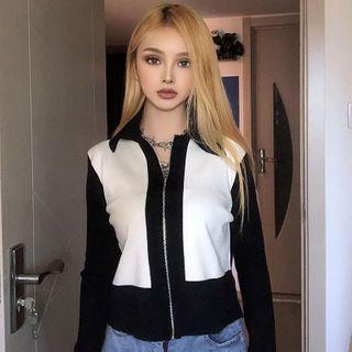Long-sleeve Paneled Zip-up Knit Top White - One Size