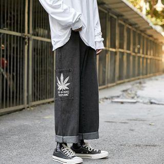 Leaf Print Straight-cut Jeans