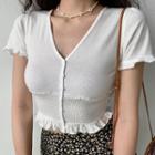 Short-sleeve V-neck Ruched Panel Ruffle Trim Top