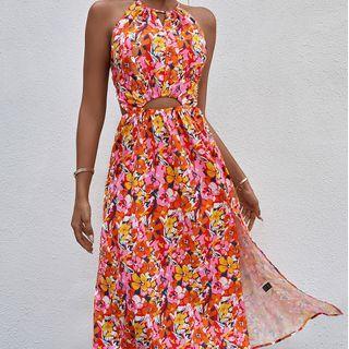 Halter-neck Floral Print Cutout Midi A-line Dress