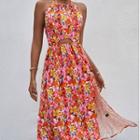 Halter-neck Floral Print Cutout Midi A-line Dress