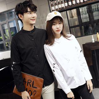 Couple Matching Bird Embroidered Band Collar Long-sleeve Shirt