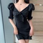 Puff-sleeve V-neck Bow Shaping Dress