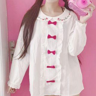 Floral Embroidered Bow Accent Blouse White - One Size