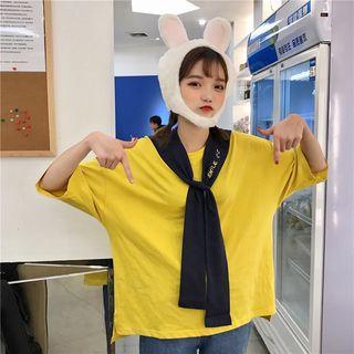 Set: Elbow-sleeve Plain T-shirt + Scarf