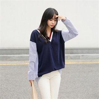 Contrast V-neck Stripe-detail Top
