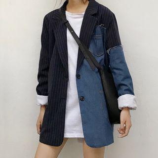 Denim Panel Pinstriped Blazer Navy Blue - One Size