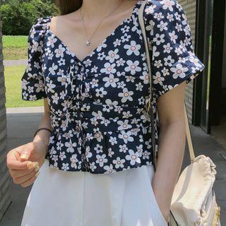 Flower Pattern Crop Peplum Blouse