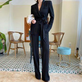 Set : Plain Tie-accent Blazer + Wide-leg Pants