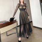 Long-sleeve Dotted Mesh Maxi A-line Dress