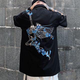 Elbow-sleeve Graphic Print Shirt Shirt - Black - One Size
