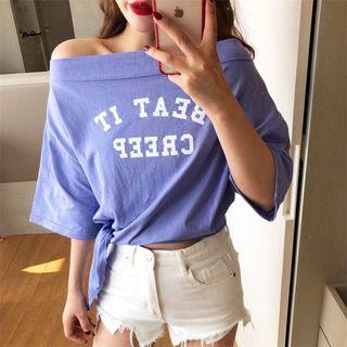 Lettering Off Shoulder 3/4 Sleeve T-shirt