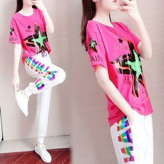 Set: Elbow-sleeve Star Print T-shirt + Lettering Sweatpants