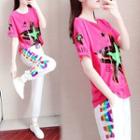 Set: Elbow-sleeve Star Print T-shirt + Lettering Sweatpants
