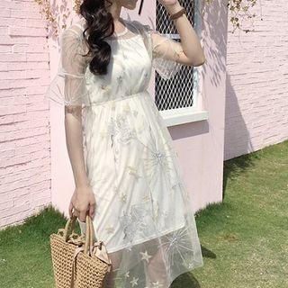 Set: Star Embroidered Short-sleeve A-line Dress + Strappy Dress