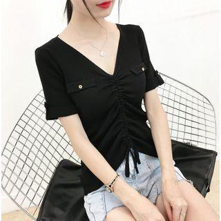 Drawstring Ruched Short-sleeve Knit Top