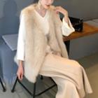 V-neck Long-sleeve Knit Top / Cropped Wide-leg Pants / Furry Vest