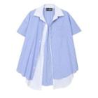 Elbow-sleeve Mock Two-piece Shirt Blue - One Size