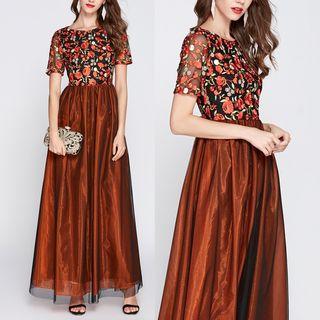 Short Sleeve Floral Embroidered Mesh Evening Gown