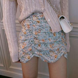 Floral Print Ruched Mini Fitted Skirt
