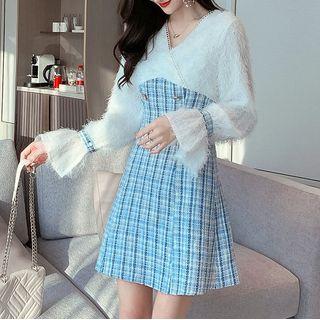 Fringed Bell-sleeve Plaid Panel Mini A-line Dress