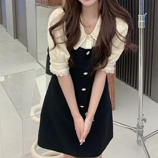 Mock Two-piece Puff-sleeve Lace Trim Dress