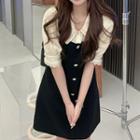 Mock Two-piece Puff-sleeve Lace Trim Dress