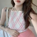 Plaid Halter-neck Cropped Camisole Top / Plain Ruffle Hem Mini A-line Skirt