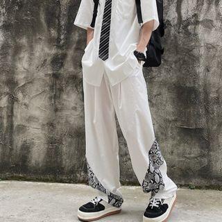 Pattern Print Panel Plain Wide Leg Pants