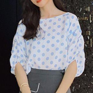 Elbow-sleeve Dot Print Blouse Blue Dot - White - One Size